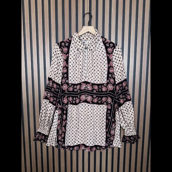 Free People Top Small Women Pink Keyhole Ash Border Art Tunic Blouse Long Sleeve - Picture 1 of 8